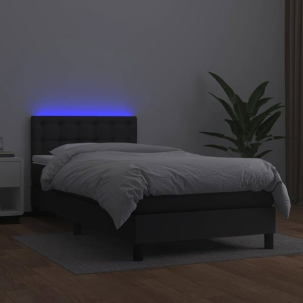 LED sengestel med satin hovedgærde madras 90 x 200 syntetisk sort Svart
