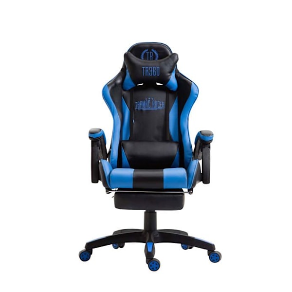 Kantstol med teleskopisk fodstøtte, sporty gamer-design i sort/blå PVC og plast 10_0002507 Blå