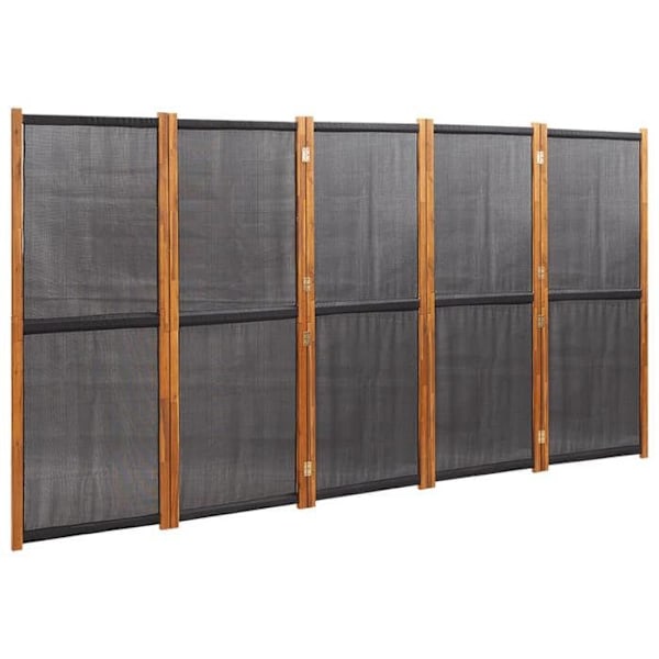 Paravent separator for room partition 5 panels x black 350 x 180 cm textilene black and wood DEC031018 kastanj