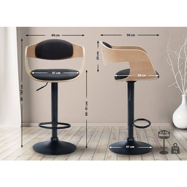 Skamler x1 scandinavisk design i sort PVC med lys træstruktur og sorte metalben 10_0005035 kastanj