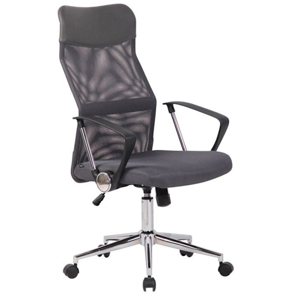 Ergonomisk kontorstol med hjul, justerbar højde og pivotering i grå net.