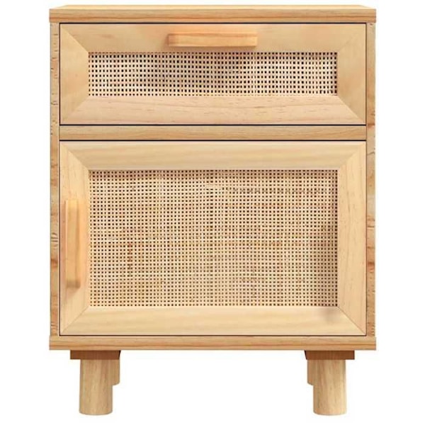 Sæt med 2 natborde med skuffe og rum med låg 40 x 30 x 50 cm i massiv fyrretræ og naturlig rattan DEC035440 kastanj