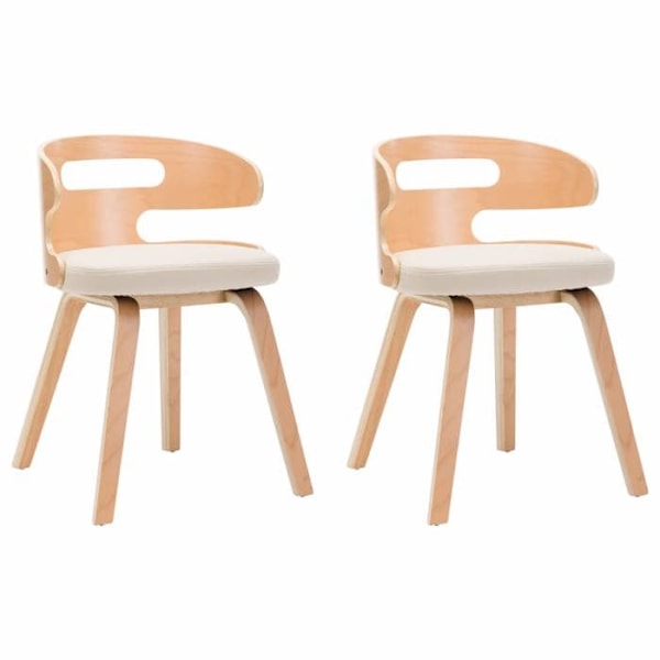 Set med 2 designade matstolar i tidlös böjd trä och syntetiskt material i krämfärg.