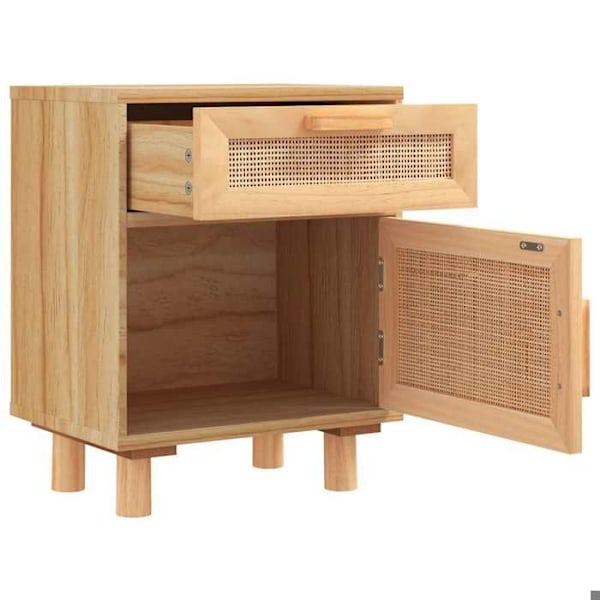 Sæt med 2 natborde med skuffe og rum med låg 40 x 30 x 50 cm i massiv fyrretræ og naturlig rattan DEC035440 kastanj