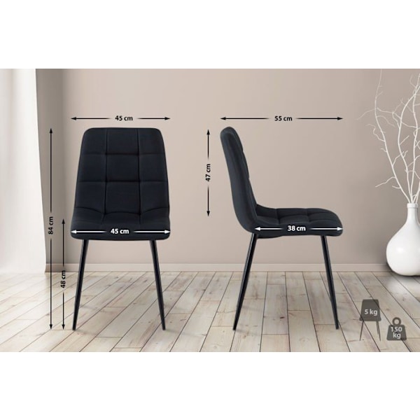 Sæt med 4 spisebordsstole i sort stof med sorte metalben, moderne og komfortabelt design