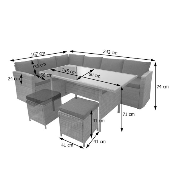 Komplet havemøbel sæt til terrasse, balkon og veranda i grå polyrotin med mørkegrå puder og bare to taburetter.