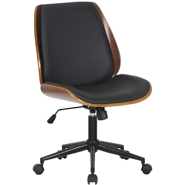 Kääntyvä ja säädettävä toimistotuoli pyörillä, moderni design, musta synteettinen materiaali, puu ja musta metalli.