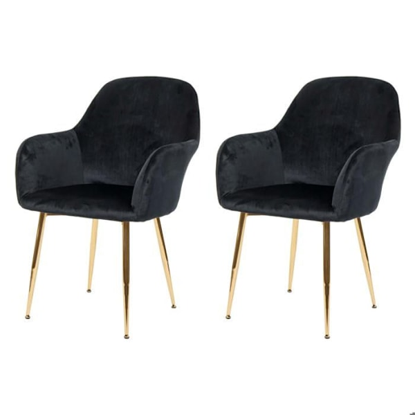 Sæt af 2 retro design spisestuestole i sort velour med gyldne metalben Svart