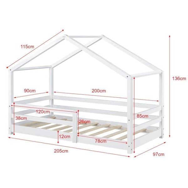 Barneseng - Hus - Hvidt fyrretræ - 200x90 cm - Sikkerhedsgitter - Nem montering Vit