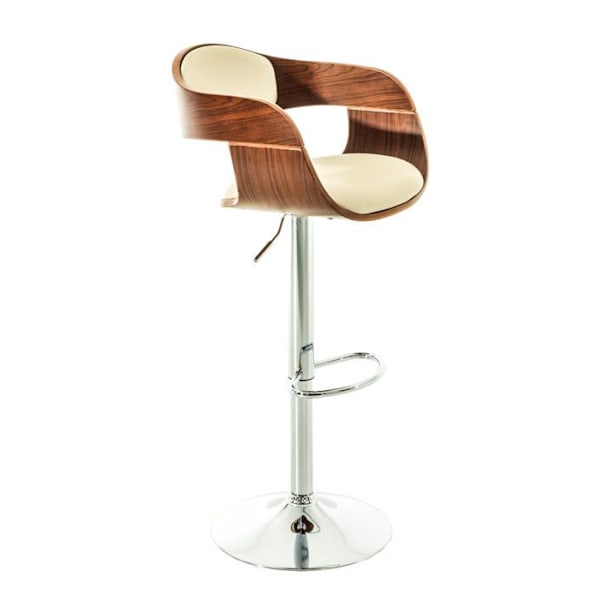 Barstol med moderne design, cremefarvet sæde i træ og syntetisk materiale, kromfødder.
