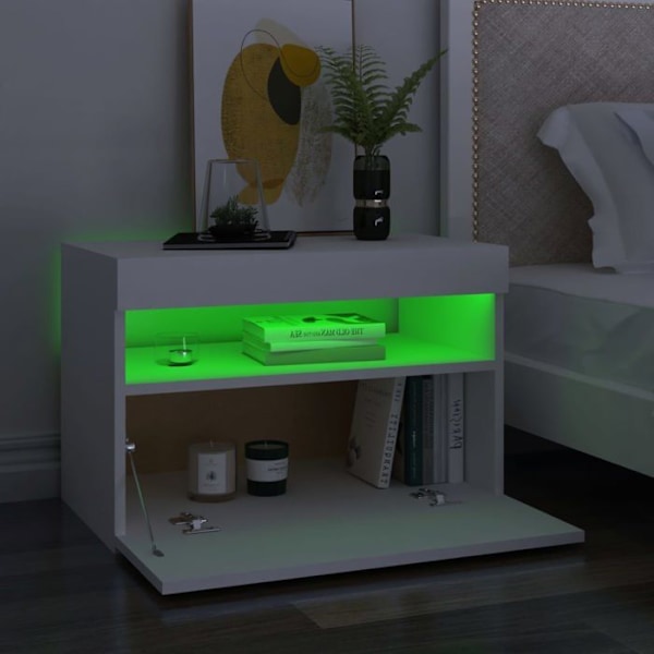 2 kpl yöpöytiä LED-valoilla ja ovikomponentilla 60 x 35 x 40 cm valkoista sorvattua puuta DEC035933 Vit