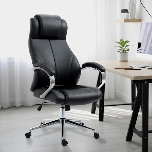 Skrivbordsstol med hjul och armstöd i ergonomisk form i äkta svart läder och krommetall 10_0002642 Metall