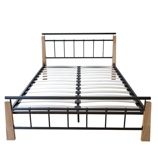 Säng för vuxna 2 personer i svart metall och ljust trä 160 x 200 med ribbbotten