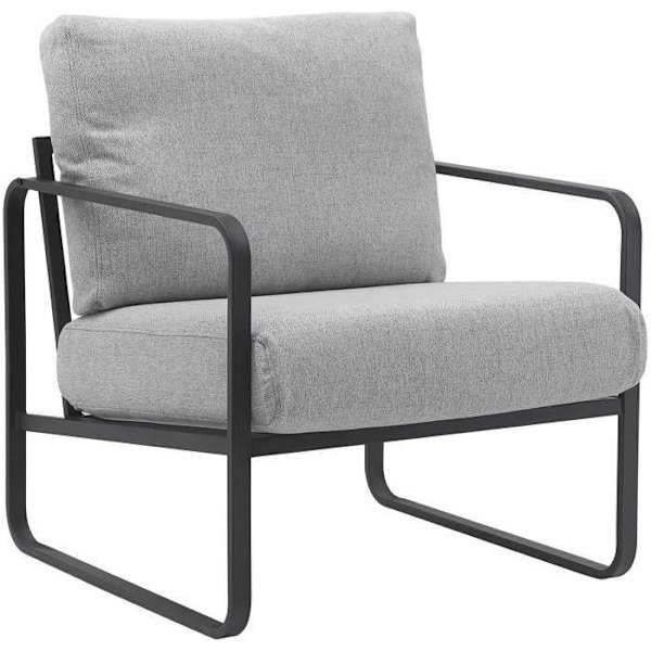 Design retro chic loungestol i lysegrå stof med ramme i mat sort metal 10_0002819 Grå