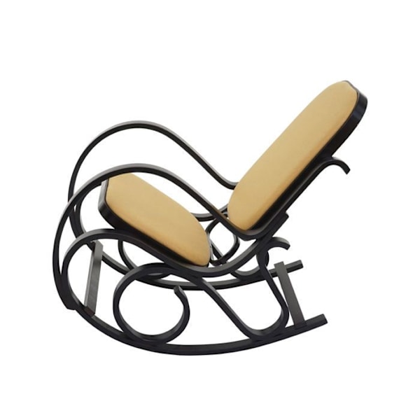 Mørkt træ gyngestol - Rocking chair - Sæde i gul stof