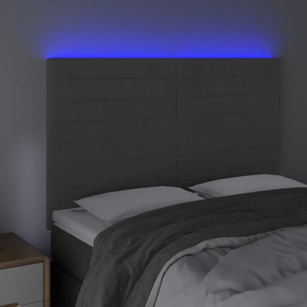 Hovedgavl til seng med LED-møbel 144 x 5 x 118/128 mørkegrå fløjl