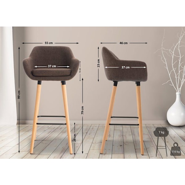 Set av 2 lounge barstolar i skandinavisk design med sits i brunt tyg, ben i trä och fotstöd i metall 10_0004171 kastanj