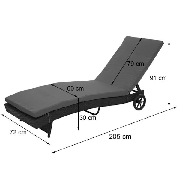 Chaise longue transat solbadning til have terrasse i poly-rotin antracit pude beige