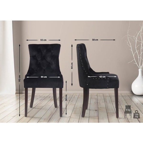 Siddende spisebordsstol i klassisk design med dekorative knapper i sort velour og ben i brun træ 10_0001928 kastanj