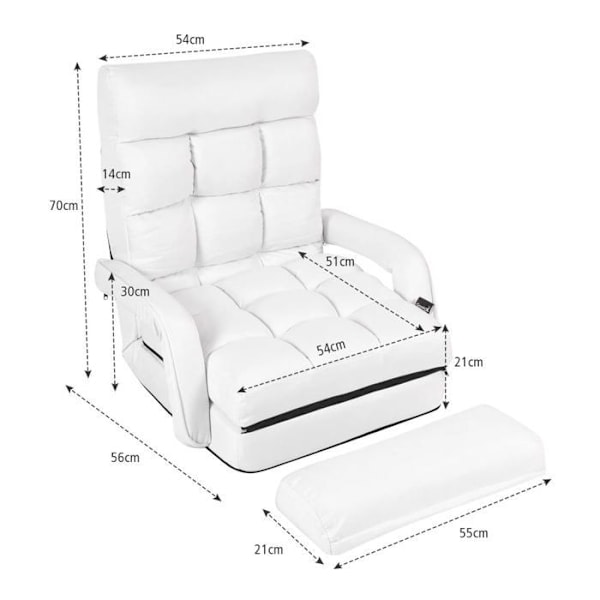 Stolbar sofa, konvertibel enkelt plads i stof med pude, 5 positioner, hvid 20_0000626 Vit