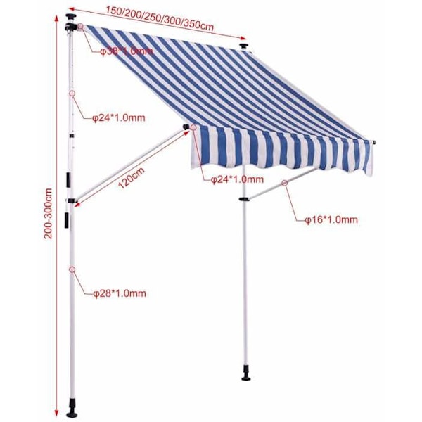 Opbevaringsbane terrasse markise med justerbar fod installation uden boring bredde 350 cm rør i stål hvidt/blåt stof 1 Vit