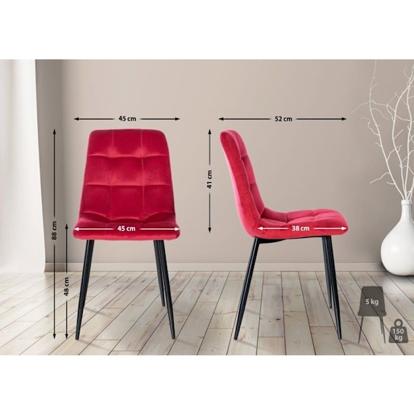 Spisebordsstol x1 med firkantede dekorative syninger i rød velour og sort metal 10_0002134 Metall
