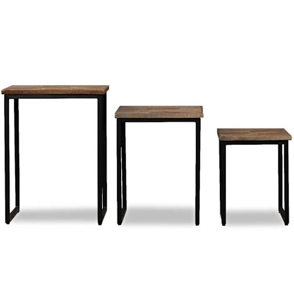 Set av tre stapelbara soffbord i massiv återvunnen teak och stål DEC031254 kastanj