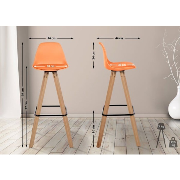 Barstool x1 jalkatuki skandinaavinen tyyli muovista ja PVC:stä oranssi vaalean puun rakenne neliö 10_0004625 kastanj