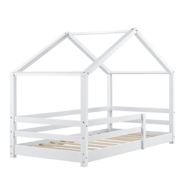 Barneseng - Hus - Hvidt fyrretræ - 200x90 cm - Sikkerhedsgitter - Nem montering Vit