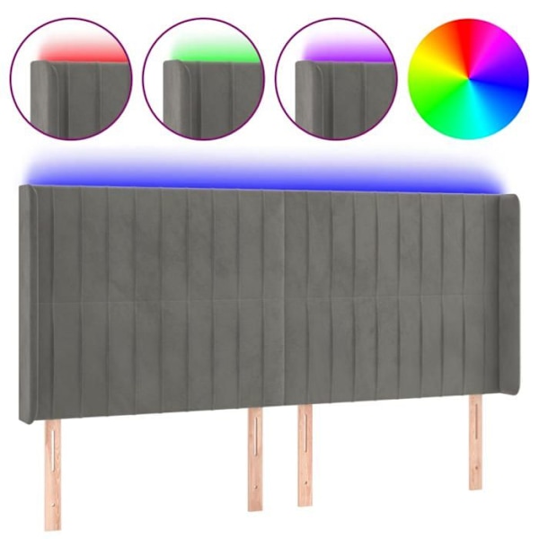Hovedgærde - Ikke specificeret - 203x16x118/128 cm - Lys grå velour - Inkluderet LED - Moderne design Ljusgrått