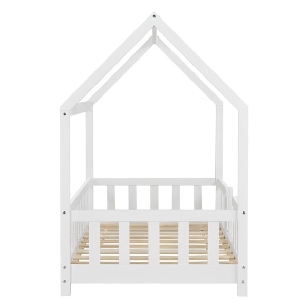 Barnsäng - Hus - 80 x 160 cm - Säkerhetsbarriär - Vit tall - Robust Vit