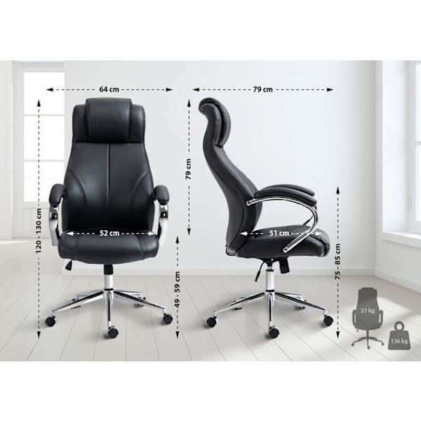 Skrivbordsstol med hjul och armstöd i ergonomisk form i äkta svart läder och krommetall 10_0002642 Metall