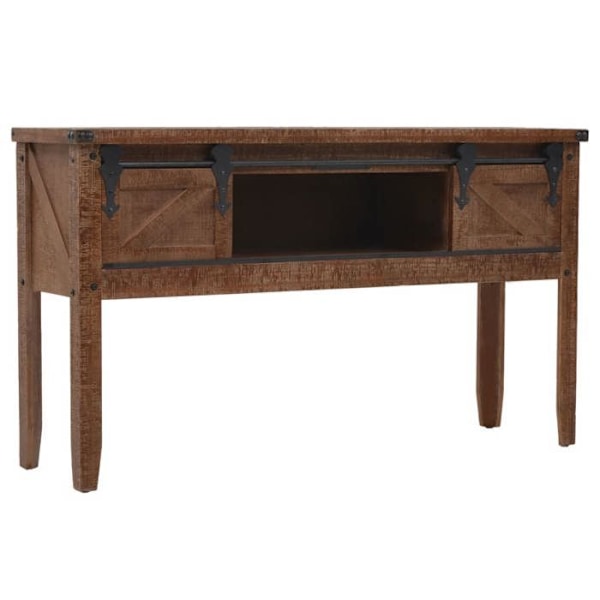 Konsolbord med 2 skuffer og 2 rum 131 x 35,5 x 75 cm i massivt fyrretræ, MDF og stål DEC031748 kastanj