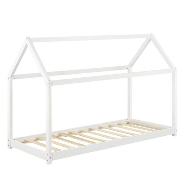 Barneseng - Hus - Hvidt træ - 90x200 cm - Med lameller - 1 plads Vit