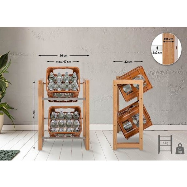 reol til 2 kasser til drikkevarer opbevaring støtte til flasker 71x56 cm i egetræ 10_0003069 kastanj