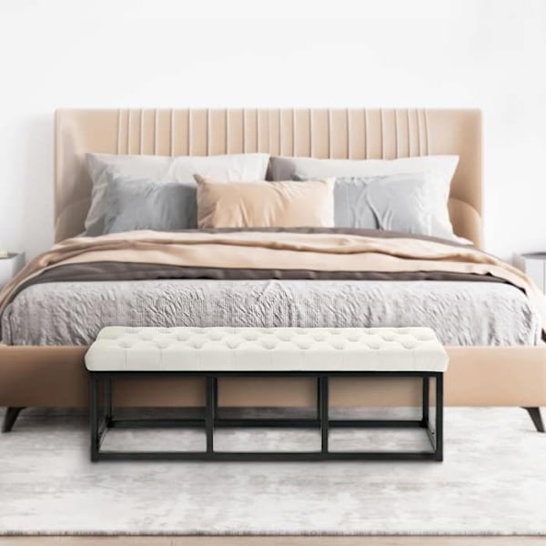 Bänkbord vid sängänden längd 120 cm i sammetsklädd sammetsbeige och svart metall 10_0003667 Grädde