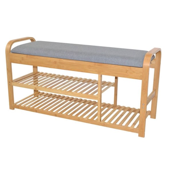 Bamboo bench with two natural color shelves and removable gray padded seat.