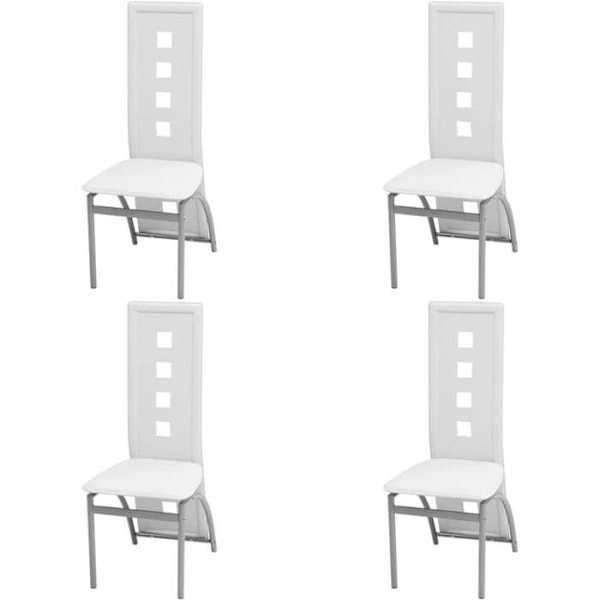 Set med 4 tidlösa matsalsstolar i vitt syntetiskt material.