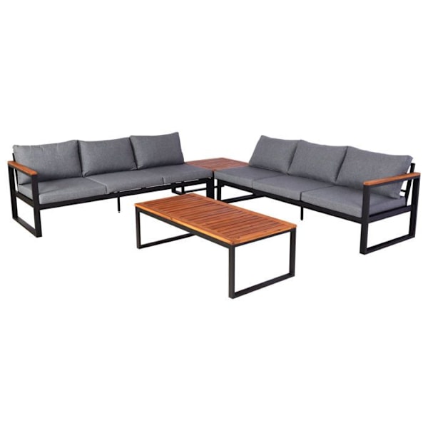 Salon de jardin sofa 6 pladser med bord i aluminium og akacietræ, mørkegrå puder 04_0008310 kastanj
