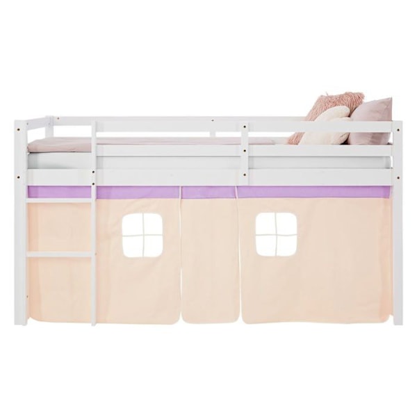Lit mezzanine avec sommier a lattes 90x200cm avec échelle en bois laqué blanc et toile beige lilas incluse sans matelas LIT06246 Beige
