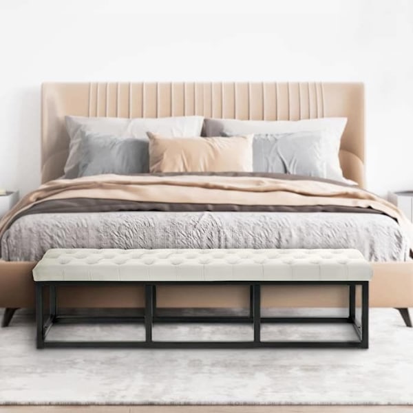 Bænk ved seng af 150 cm i cremevelour med metal i sort, 10_0003669 Grädde