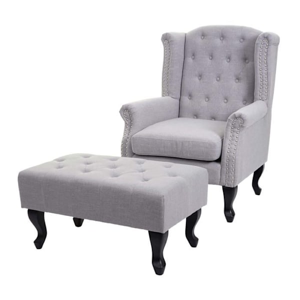 Chesterfield afslapningsstol klub i gråt stof/textil med fodskammel 04_0003082 Grå