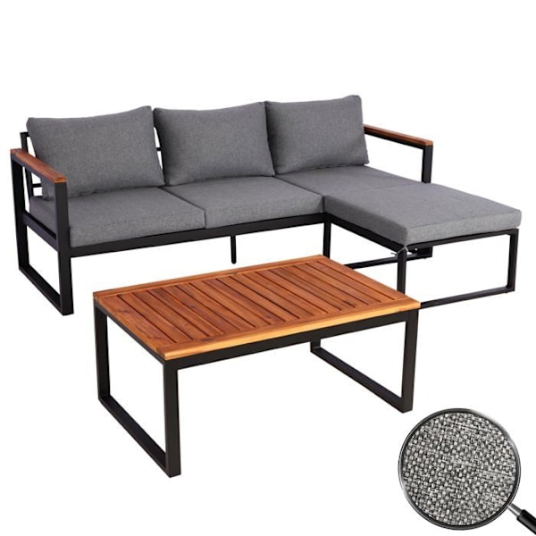 Havemøbelgruppe med udendørs sofa, bord, aluminiumsramme og akacietræ, mørkegrå puder 04_0008313 kastanj