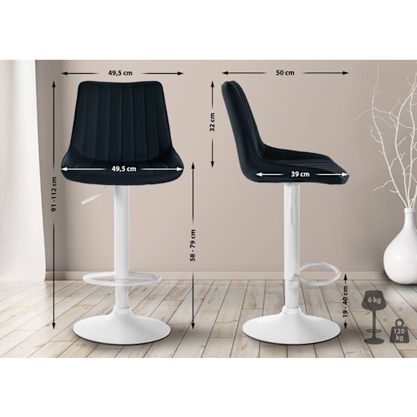 Barstol x1 justerbar i højde roterende 360° sæde i sort PVC vertikal syning ben metal hvid 10_0005425 Vit
