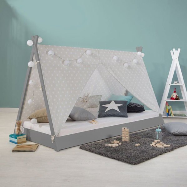 Lit til børn tipi indisk telt 90 x 200 cm i grå træ med stof og madras LIT06202