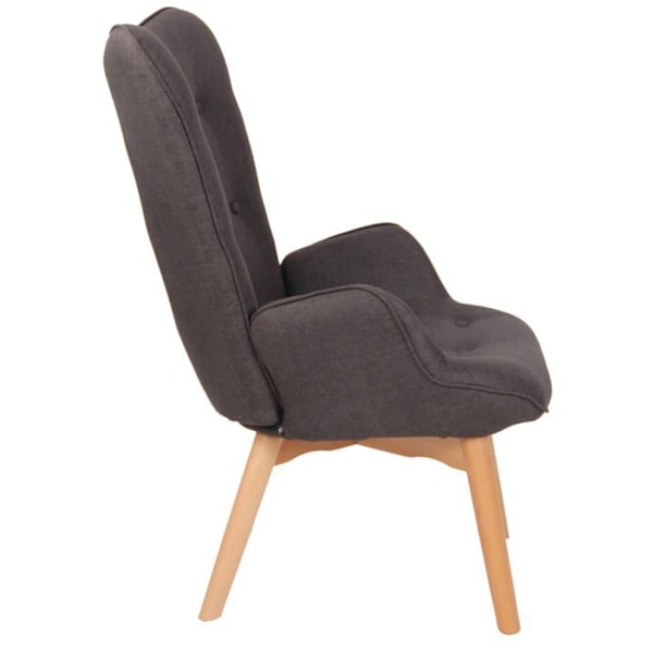 Lounge-stol i skandinavisk stil med højt ryg og dekorative knapper i mørkegrå stof, ben i lyst træ 10_0003601 kastanj