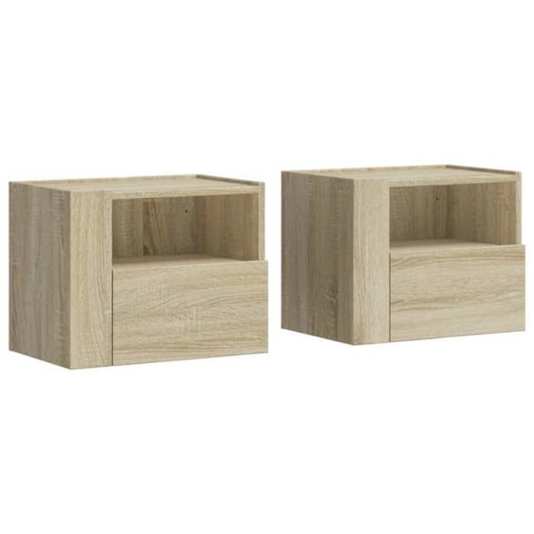 Sæt af 2 vægmonterede natborde med skuffe og åbent rum 45 x 30 x 35 cm ingeniørtræ farve eg DEC036072 kastanj
