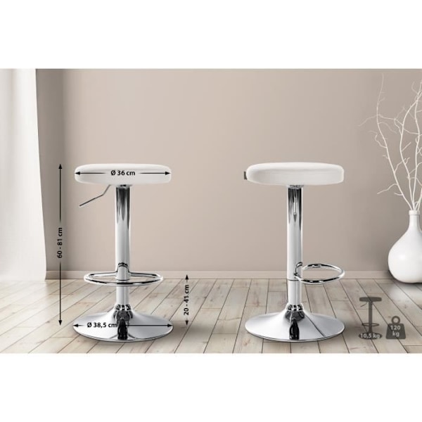 Barstole - Design - Sæt af 2 - Hvid syntetik - Krommet metalramme - Højdejusterbar Vit
