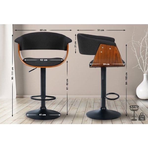 Barstolar - Chic - Set om 2 - Valnöt - Tyg - Svart metall