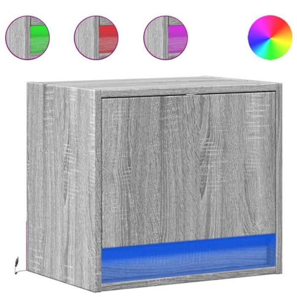 Væghængt natbord med LED-lys og skab med dør 45 x 31 x 40,5 cm i gråt ingeniørtræ DEC034215 kastanj